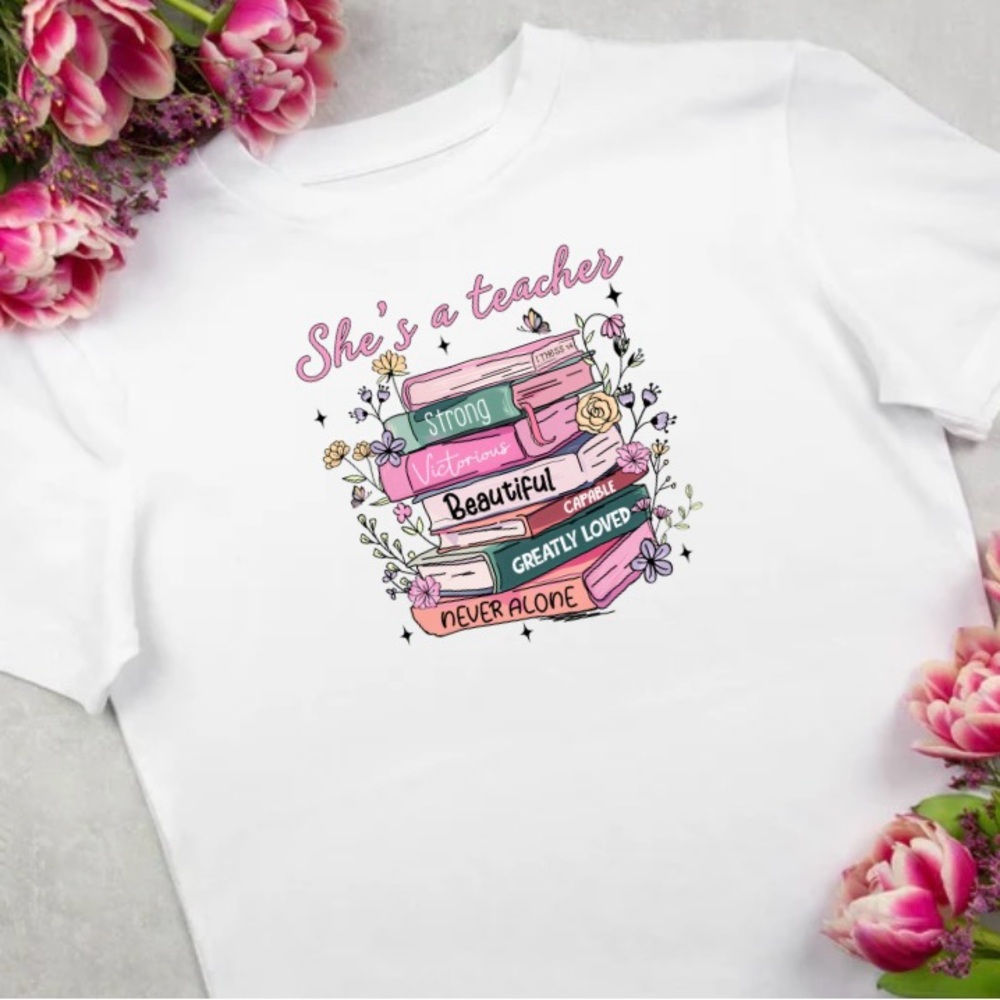 White Teacher Shirt with Colorful Graphic